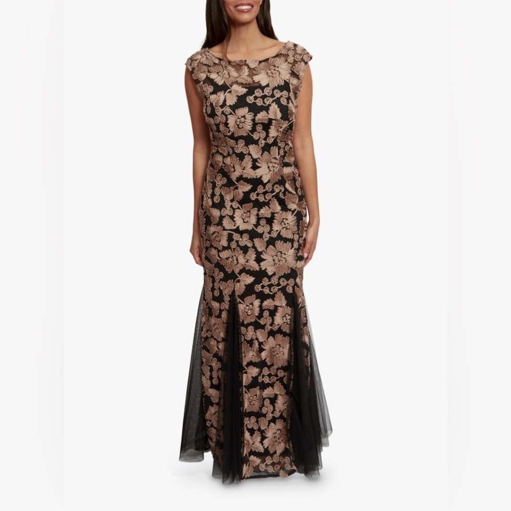 Alex Evenings Floral Embroidered Stretch Tulle Gown Maxi Dress Size 16 Tan Black - Picture 10 of 13